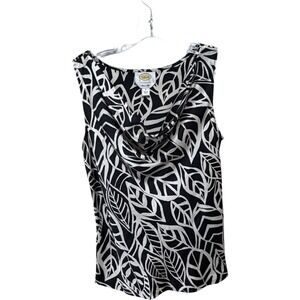 Talbots Women 8 Silk Cowl Neck Shell Tank Top Black White Floral Leaf Office Art